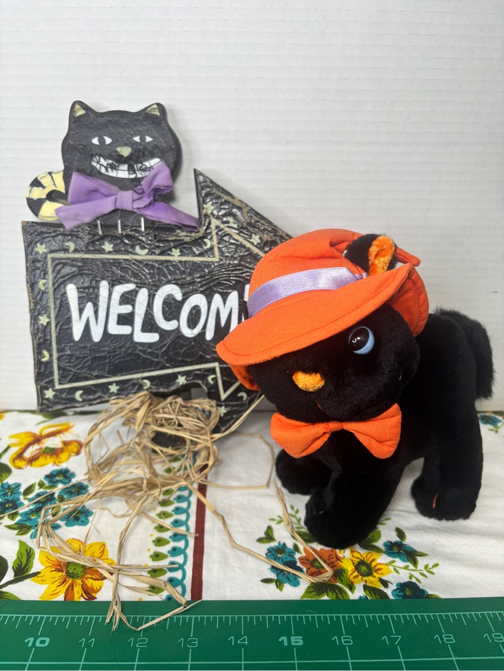 Sears Black Plush Cat Halloween Welcome Sign Vintage Holiday Decor Spooky Set